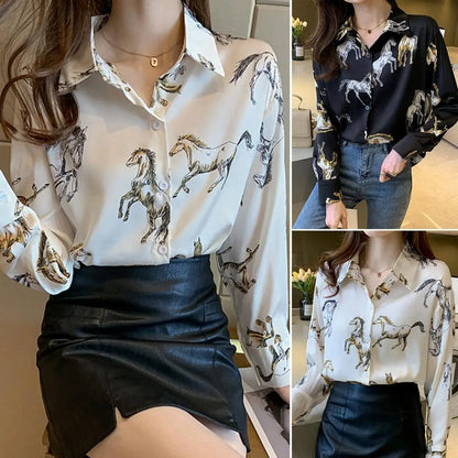 Women Spring Shirt Horse Print Lapel Single-breasted Long Sleeves Lady Shirt Loose OL Style Age Reducing Women Blouse For Work