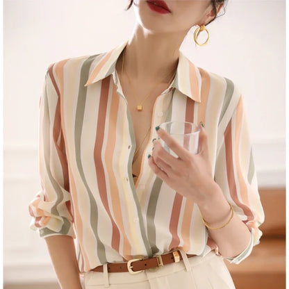 Stripe Women Shirt Satin Vintage Shirt for Women  Autumn Clothes Korean Fashion Shirts and Blouses Basic Elegant Womens Tops