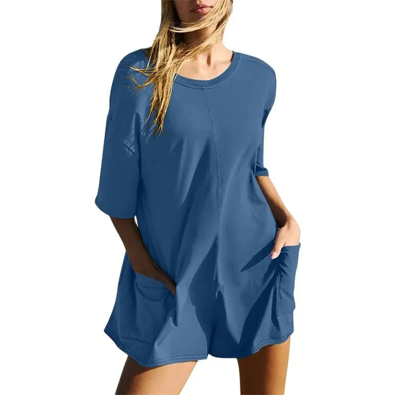 Sexy Back V Backless Solid Color Jumpsuit Women Double Pocket Splicing Shorts Female Summer Comfortable Casual Loose Rompers New