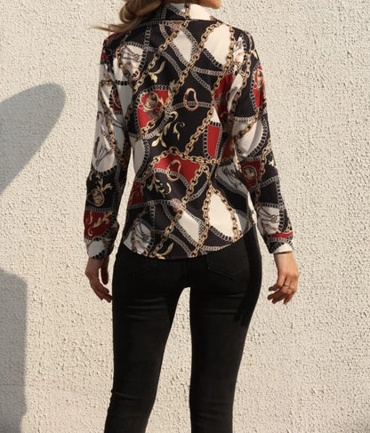 Women Fashion Wild Shirts Chain/Floral/Letter/Geometric Square Print Turn-Down Collar Long Sleeve Blouses