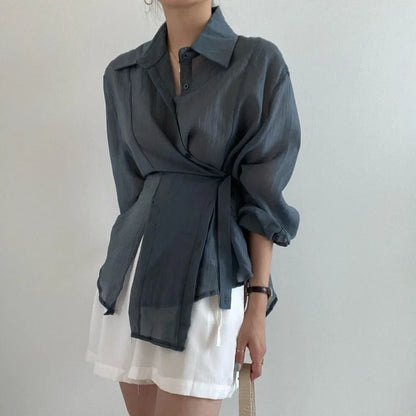 Office Lady Chic Loose Long Sleeve Blouse Clothing Blue Sunscreen Women Shirt 2024 Fashion Elegant Casual Button Tops 15674