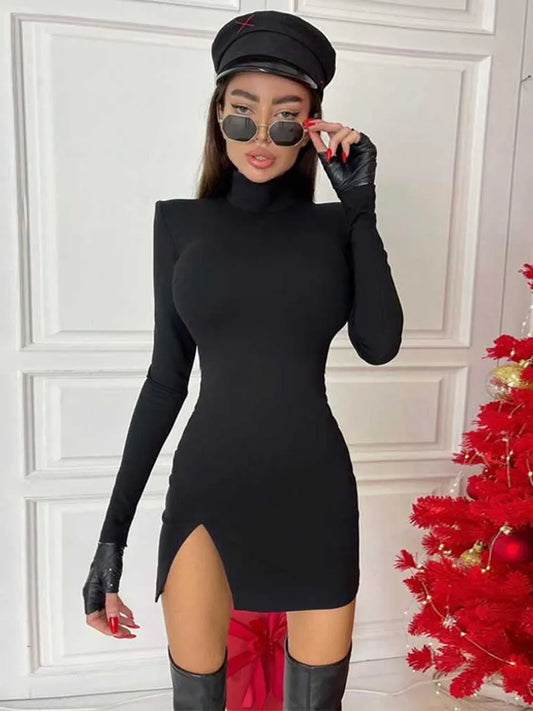 Women Spring Autumn Long Sleeve Bodycon Soild Color Black Slim Package Hip Mini Dress Female Clothing Streetwear