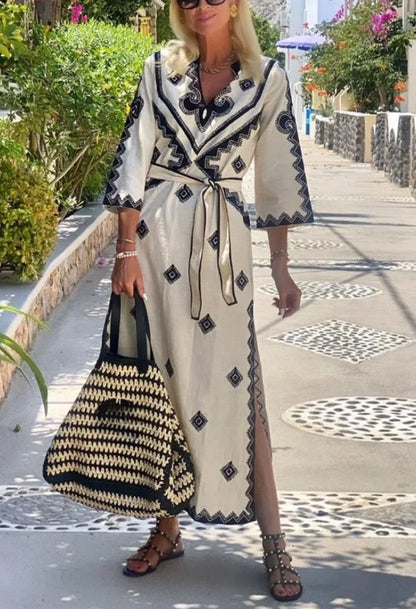 Women's Print Vacation A-line Shirt Dress, V Collar Belt, Half Sleeve, Bohemian Style Hemp Dresses, Home Robe, Fashion, 2023