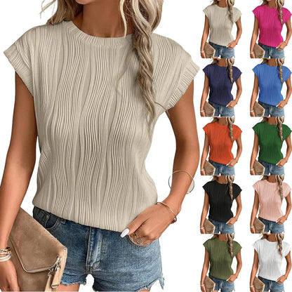 Womens Short Sleeve Textured Tops Crewneck Knit Solid Loose Casual Basic T Shirts Tee Blouses