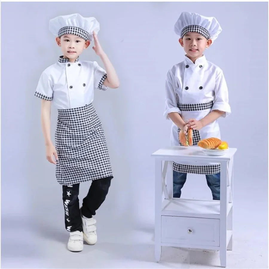 Kids Chef Jackets Kitchen Roleplay Uniform Cook Hat Restaurant Cosplay Costumes Halloween Children Waiter Waitress Clothing Sets