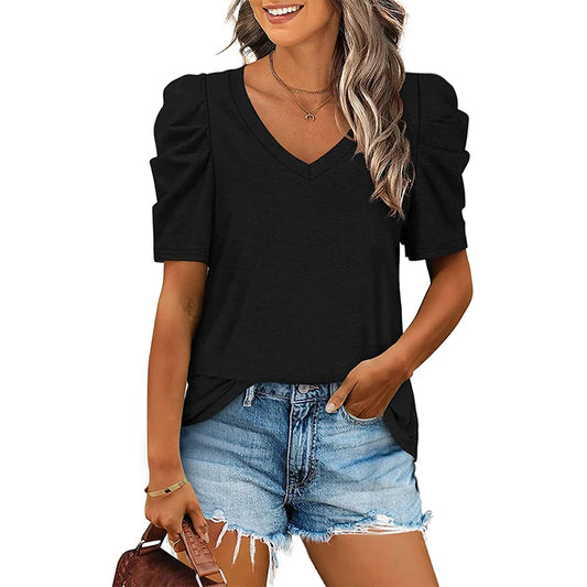 Womens Summer Shirt V Neck Casual Tshirts Puff Sleeve Tops for Women Solid Color