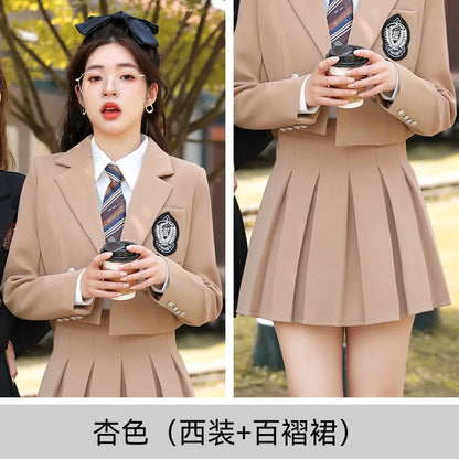 Women's Set 2023 New Short Suit+Pleated Mini Skirt Set Female Student School Uniform Female JK Uniform School Girl Piece Set