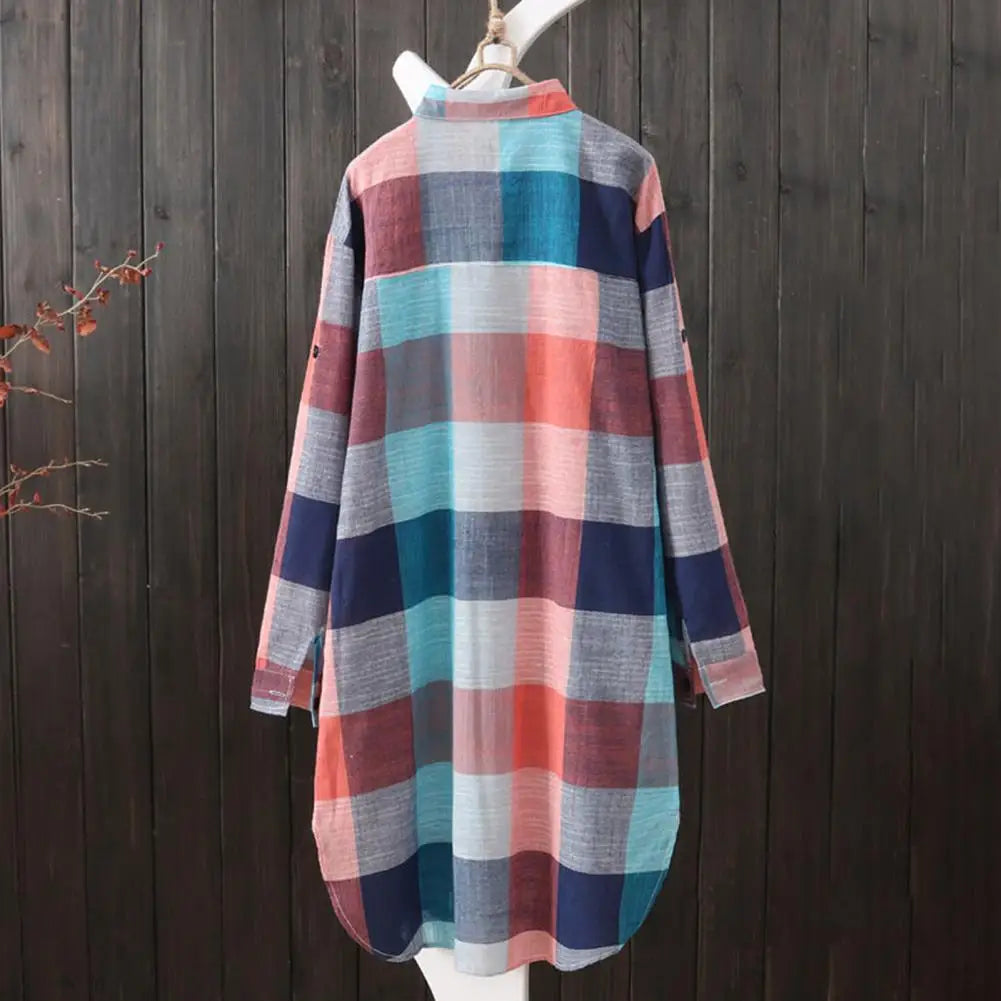 Women Shirt Breathable Shirt Plaid Print Women's Shirt Irregular Hem Long Sleeve Lapel Oversized Soft Breathable Lady Top