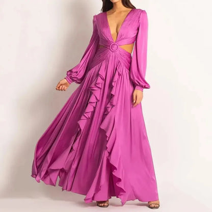 Autumn Women Long Dress Elegant Fashion Solid Lantern Sleeve Hollow Out With Ring Cross Pleated Ruffled Long Dresses Party Dress