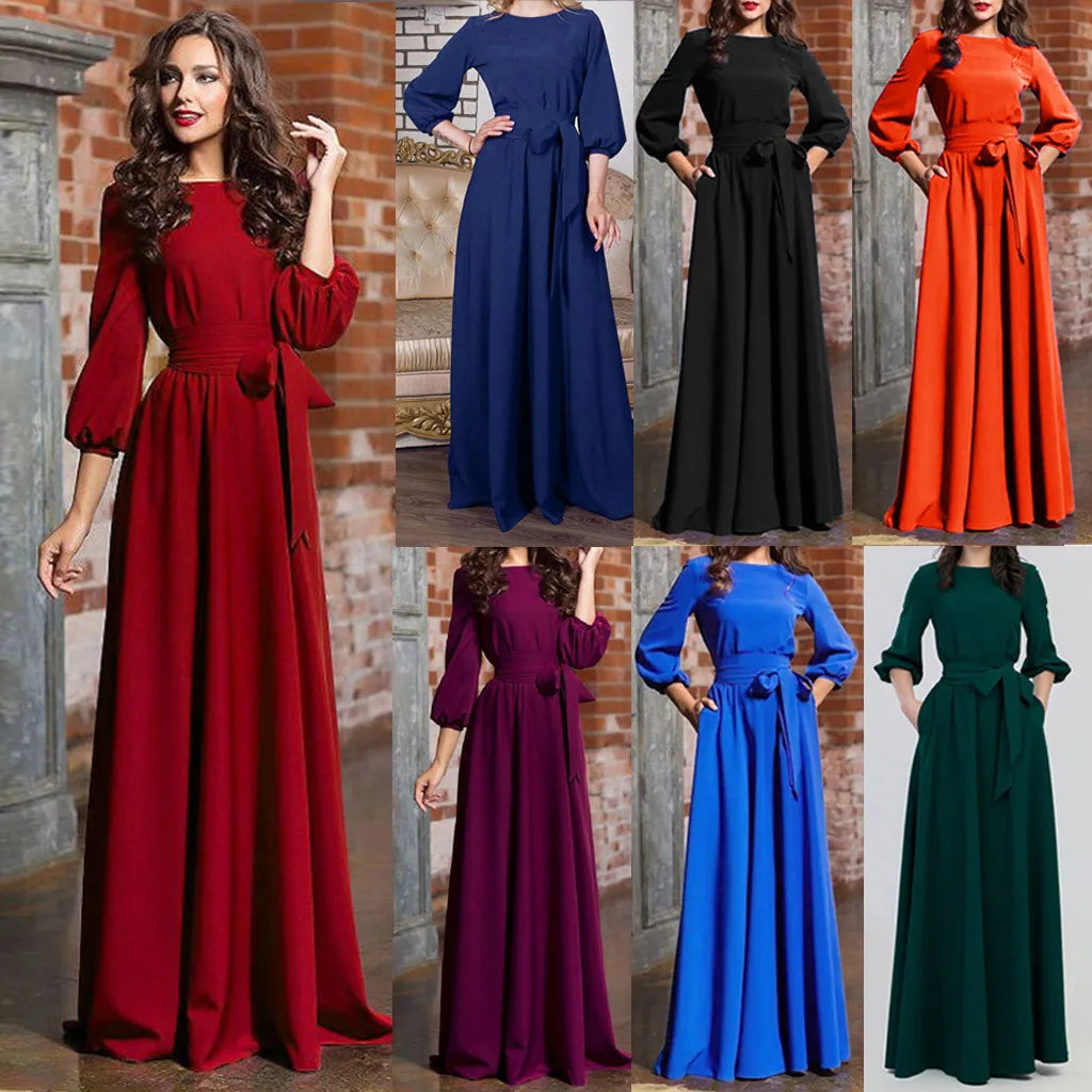 Dresses For Women 2024 Long Sleeve Crew Neck Solid Color Lantern Sleeve Long Dresses With Belt Formal Elegant Party Dresses