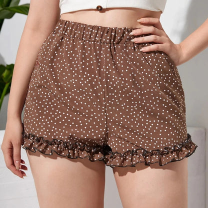 Plus Size Elastic Waist Elegant Polka Dot Shorts Women Frill Lettuce Trim High Waist Straight Beach Shorts Female Large Size 7XL