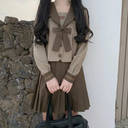 Japanese Fashion School Uniform Soft Girl JK Uniform Student Skirt Girl Milk Tea Brown Navy Wind Sailor Suit Pleated Skirt Set