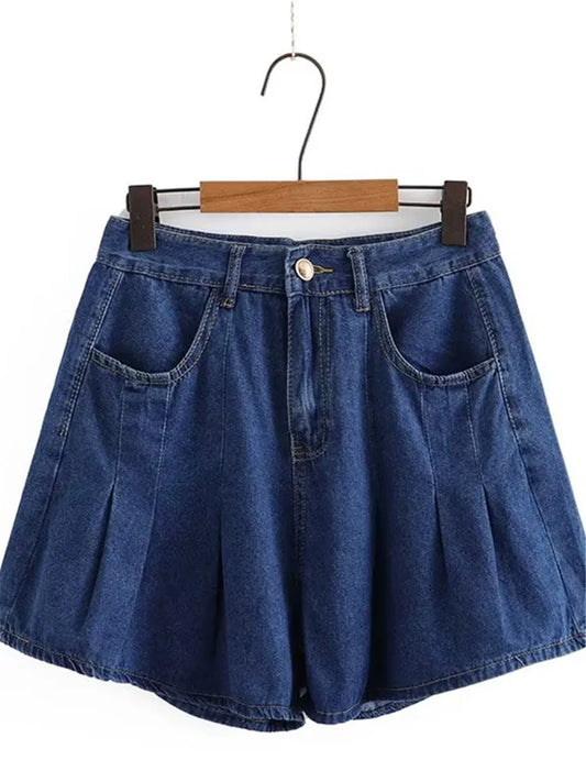 Plus Size Women's Shorts Wide-Leg With Folds In Summer Thin Denim Shorts The Non-Stretch Jeans For Busty Lady To Wear In Summer