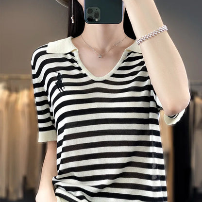 New Embroidery Loose Short Sleeve Striped T-shirt Summer Women's Fashion Short Sleeve Top