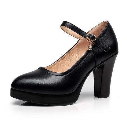 High Heels Platform Pumps Mujer 2022 Spring New Fashion Buckle Solid Black Shoes Woman PU Leather Waterproof Shoes Femme