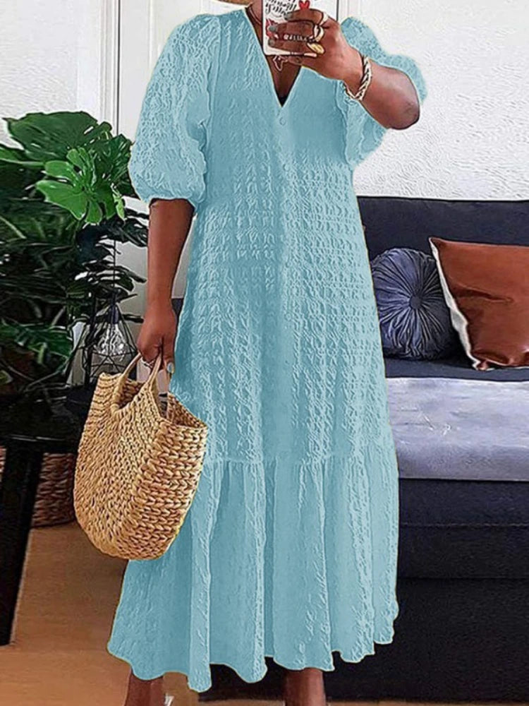 Plus Size Women Shirt Dress 2023 Summer Sexy V Neck Buttons Half Sleeve Long Maxi Vestidos Bohemian Elegant Party Robe