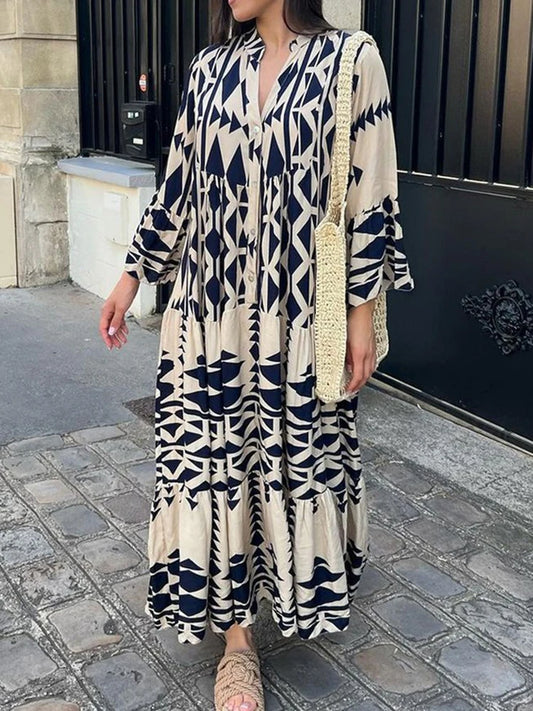 Casual Print Shirt Dresses Women Retro Long Sleeve Buttons Pleated Loose Long Dress  Female Spring Summer Boho V Neck Robe