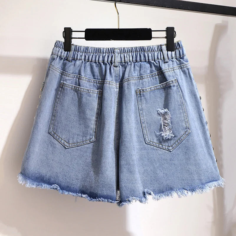 Plus Size 9XL 5XL denim shorts women loose summer all-match large size wide leg pants Elastic Waist 150KG