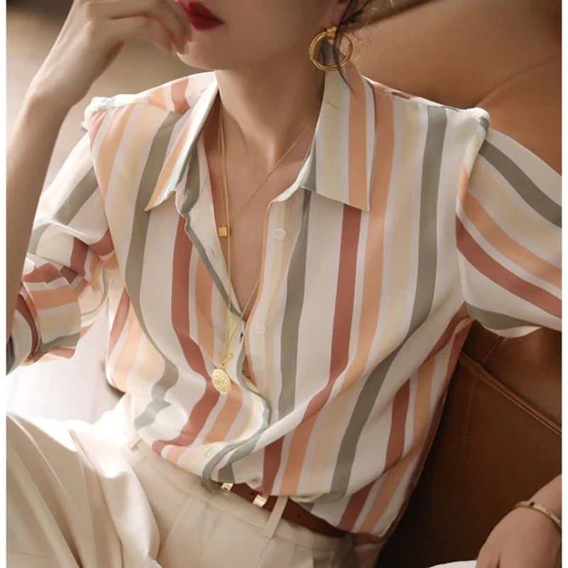 Stripe Women Shirt Satin Vintage Shirt for Women  Autumn Clothes Korean Fashion Shirts and Blouses Basic Elegant Womens Tops