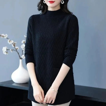 Women's Sweaters Pullover 2023 New Solid Half High Collar Thick Warm Long Knitted Sweaters Winter Female Tops Bottoming Shirt