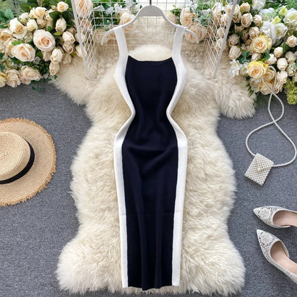 Summer Women's Knitting Sheath Letters Tank Dress Female Bodycon Knitted Camisole Sleeveless Patchwork Mini Dresses For Woman