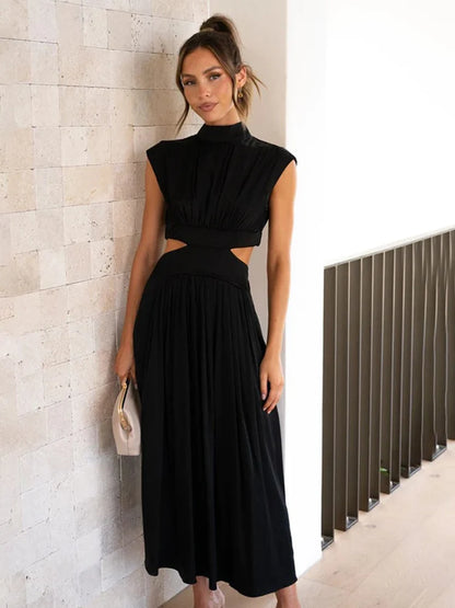 Solid High Waist Hollow Out Dresses For Women Summer Sleeveless Cut Out Dress Fashion Casual Elegant Clothes Vacation Dresses