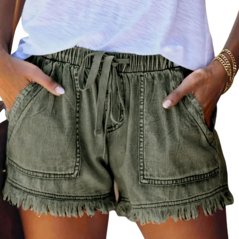 Women's Washed Denim Shorts, Casual Drawstring Elastic Waist Frayed Hem Loose Short Jeans