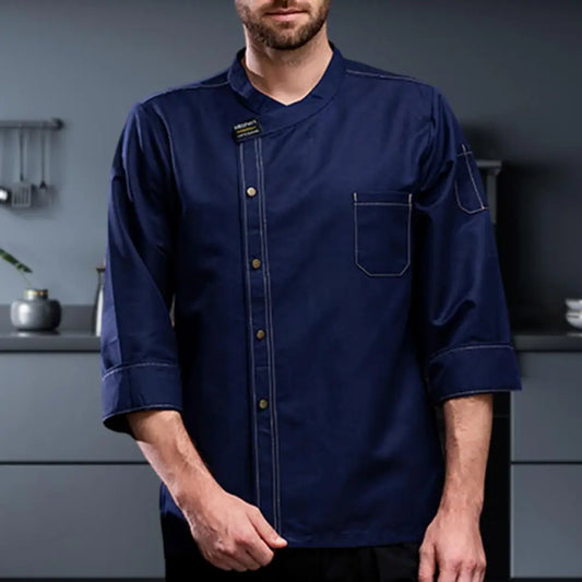 Chef Shirt Long Sleeve Stand Collar Single-breasted Pocket Unisex Kitchen Cook Shirt Bakery Restaurant Waiter Uniform Top