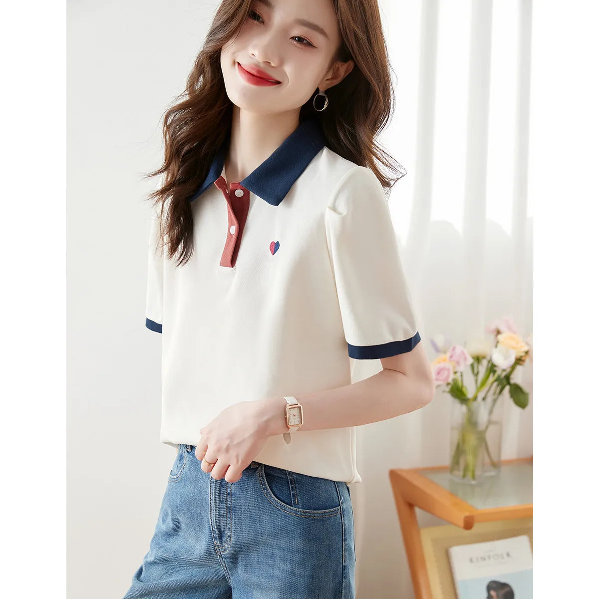 New 2024 Summer Women T Shirt Cotton Elegant Style Zipper Neck Fashion Office Lady Top Short Sleeve Polo For Women Plus Size