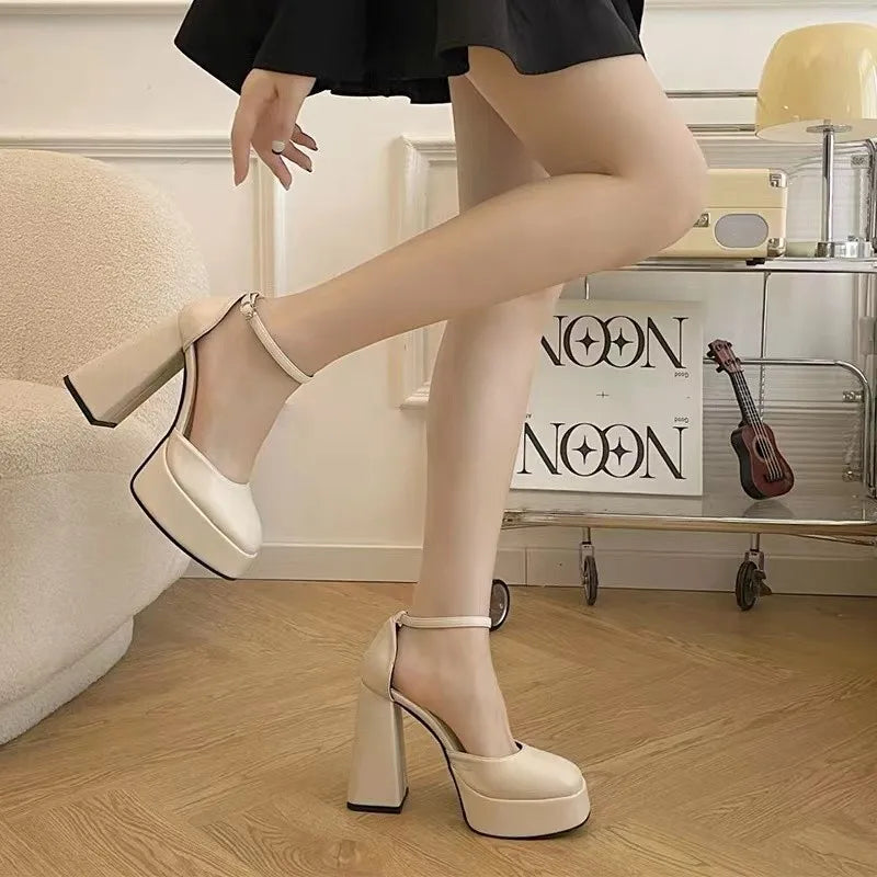 Mary Jane Shoes Women 2023 New Spring Autumn Thick Heels High Heels Waterproof Platform Hollow Luxury Brand Women's Shoes Pumps