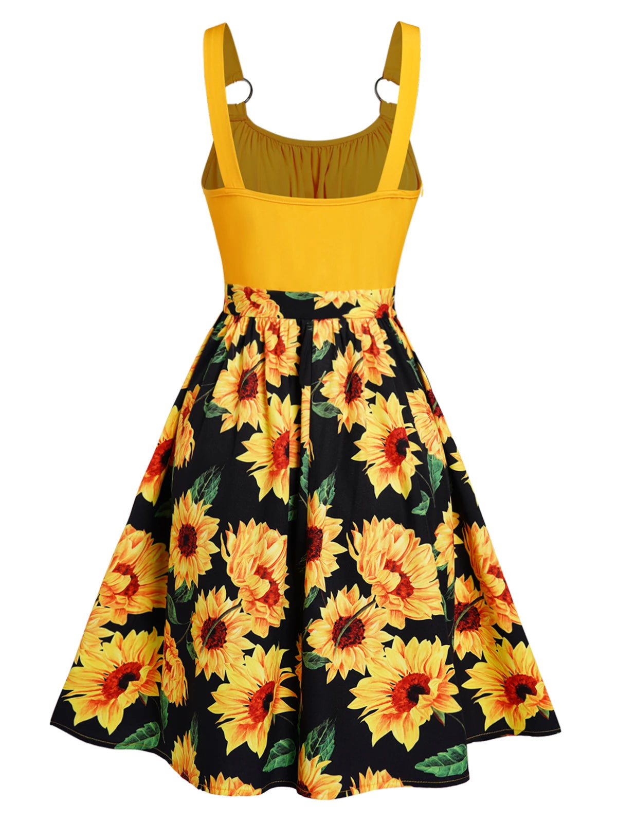 Sunflower Print Colorblock Sundress Ruched O Ring High Waist Vacation Dress For Female Summer Beach Robe