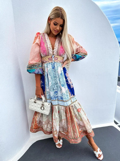 Loose Printed Patchwork Maxi Dress For Women Vintage V Neck Puff Long Sleeves Pleated Long Dresses 2024 Spring Chic Female Robes