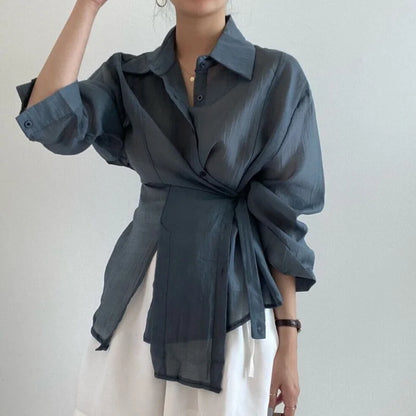 Office Lady Chic Loose Long Sleeve Blouse Clothing Blue Sunscreen Women Shirt 2024 Fashion Elegant Casual Button Tops 15674