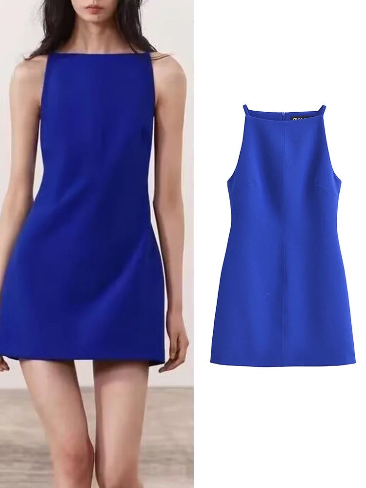 TRAF Fashion Ladies Sleeveless Mini Dress New Casual Simple Slash Neck Dresses Women 2024 Summer Solid A-line Elegant Dress