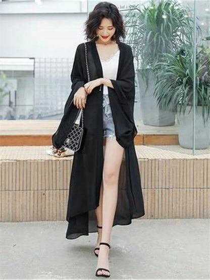 White Black Red Kimono Ladies Sun-protective Women Blouse Summer Batwing Sleeve Long Chiffon Blouse Shirt Loose Kimono Cardigan