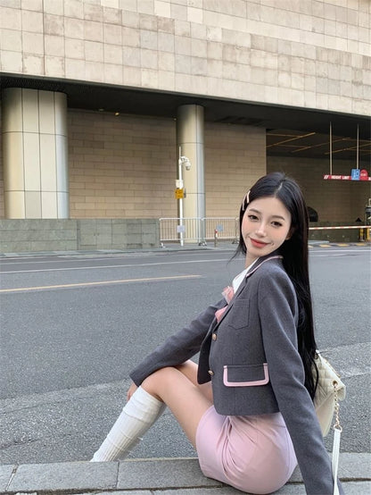 Spring 2024 Korean Uniform Set Girls Preppy Style Daily Casual JK Uniform Grey Short Suit Coat Slim Shirt Pink Wrap Hip Skirt