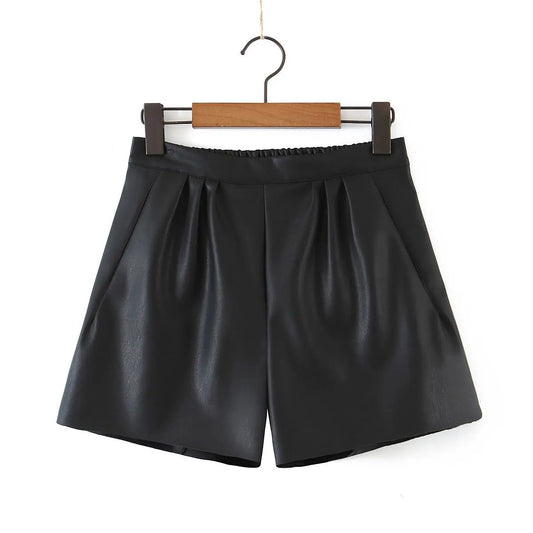 Fashion Elastic Waist PU Wide Leg Shorts Plus Size Women Clothing Good Quality Autumn Winter  Stylish A-Line Leather Bootcut