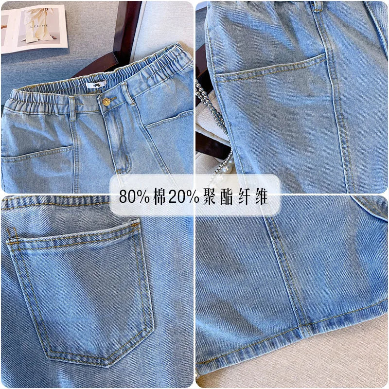 New  Ladies Summer Plus Size hot pants For Women Large Size Loose Blue Cotton Pocket Denim Shorts 3XL 4XL 5XL 6XL 7XL