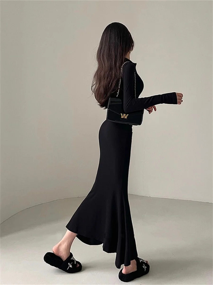 Women Spring Autumn Style Long Sleeve Zipper Collar Mermaid Sexy Dress Vestidos SS156