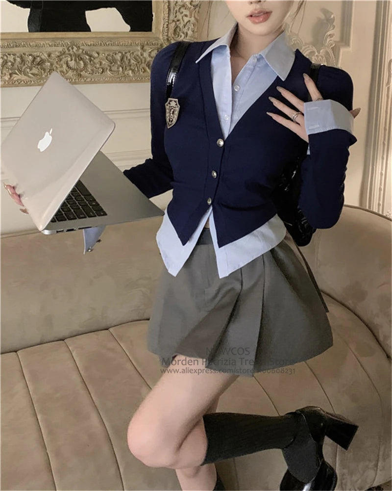 Preppy Style 2024 New Spring Women Korean JK Uniform Set Long Sleeve Navy Mock Two-Piece Shirt Top Jacket A line Skirt Suit Girl