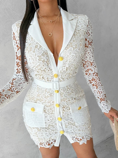 Women Elegant Dress Offices Hollow Out Pocket Design Button Lace Shirt Dresses Female Lace Vestidos Lady Patry White Clothes