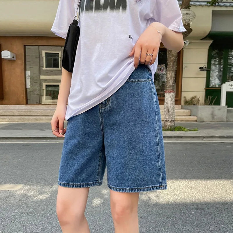 Korean Style Classic Denim Shorts Women Summer Blue High Waisted Shorts Wide Leg Pants Streetwear Stright Jeans Womens Shorts