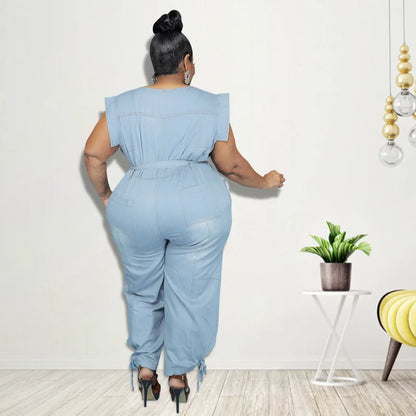 Plus Size Sleeveless Jean Jumpsuit Female Denim Cloth Women One Piece Outfit Casual Pencil Pant 2023 Autumn Elegant Jumpsuit