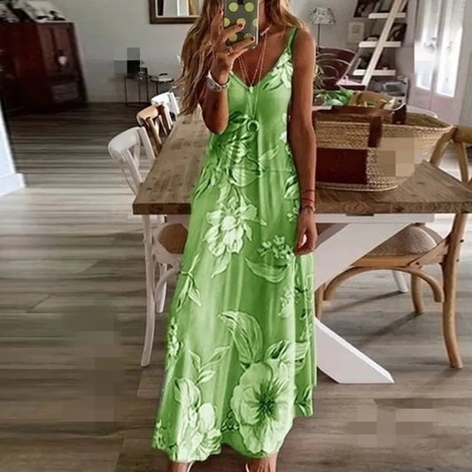 Lady Spring Summer Dress Floral Print V-Neck Strap Long Dresses Casual Bohemian Sleeveless Women Summer Beach Travel Party Wear