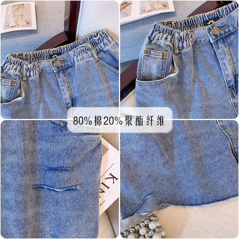 New  Ladies Summer Plus Size hot pants For Women Large Size Loose Blue Cotton Hole Pocket Denim Shorts 3XL 4XL 5XL 6XL 7XL