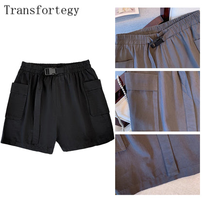 Plus-size women's summer casual shorts Black gray cotton fabric high-waisted shorts Elastic waist design belt double pockets