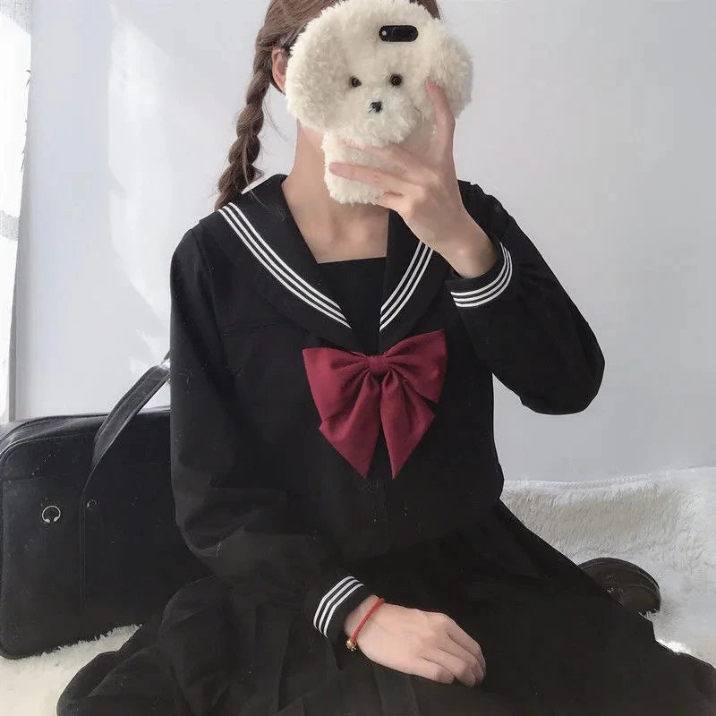 Japanese School Uniform Suit Sailor JK S-2XL Basic Cartoon Girl Navy Sailor Uniform Black sets Navy Costume Women girl costume