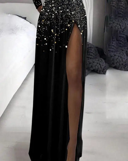 Evening Dresses Fashion Print Ombre High Slit Mesh Patch Sexy Party Style Mock Neck Elegant Long Dresses for Women 2023 New