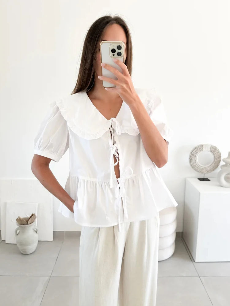 White  Lace Up Short Puff Shirts Women's Summer Sleeve Sweet Peter Pan Collar Blouse Female Elegant Street Lady Pleated Chic Top