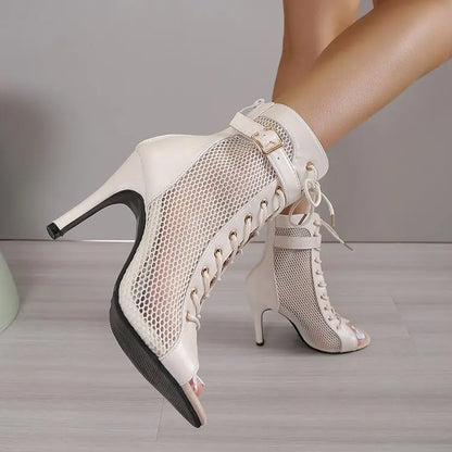 Sandals Hollowed Mesh Heels Belt Buckle Women's Summer Beige Lace-up Sexy Open Toe Boots Stiletto Jazz Dance Party Ladies Shoes